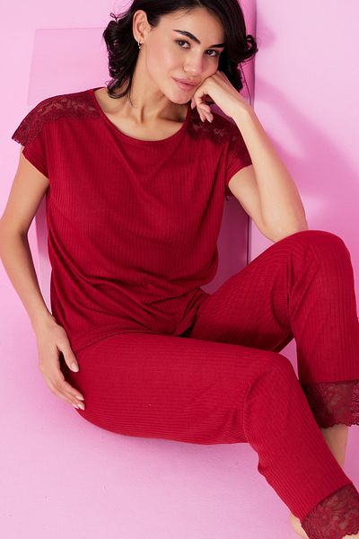 Siyah İnci Burgundy Soft Touch Thin Seasonal Lace Detailed Knitted Pajama Suit7864