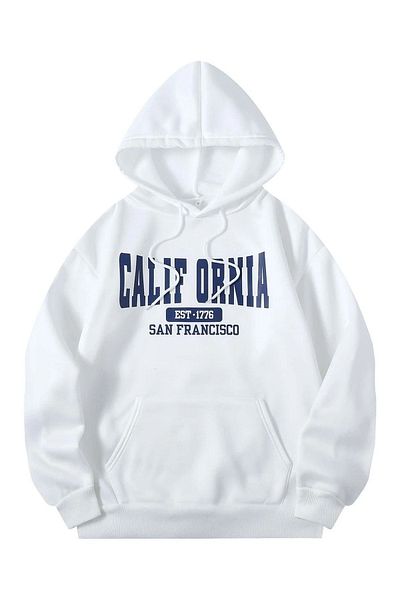 DUBU BUTİK Calif Ornia 1776 Sweatshirt - White Printed Oversize Hoodie