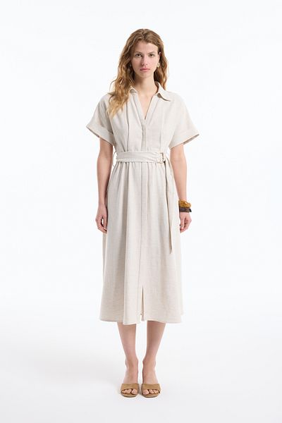 Quzu Rochie midi din in cu centura cu rever - camasa naturala