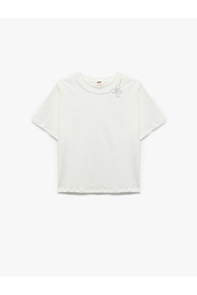 Koton Crew Neck Short Sleeve Cotton T-Shirt with Bow Detail