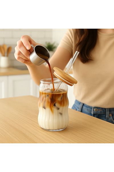 SNA Coffee Glass Heat Resistant Ice Latte Glass Cup with Straw Coffee Cocktail Glass Presentation Cup 400ml