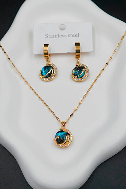 TREND COLLECTİON طقم قلادة وأقراط على شكل سلسلة ذهبية من الفولاذ المقاوم للصد...