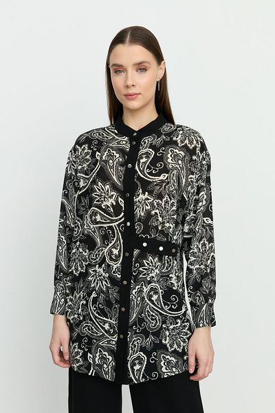 Nihan Belt Detailed Patterned Tunic Black