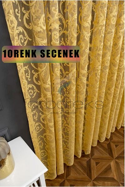 farbateks Classic Shawl Pattern Mustard Dark Yellow Color Pattern Design 2 Layers Pleated Tulle Curtain