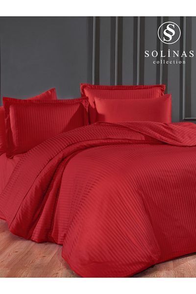 Solinas Collection Dione Striped Red 100% Cotton Satin Double Duvet Cover Set
