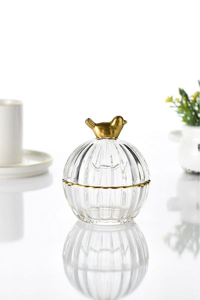 TrendDeco Gold Gilded Bird Detailed Covered Round Glass Sugar Bowl Turkish Delight Bowl Presentation Bowl