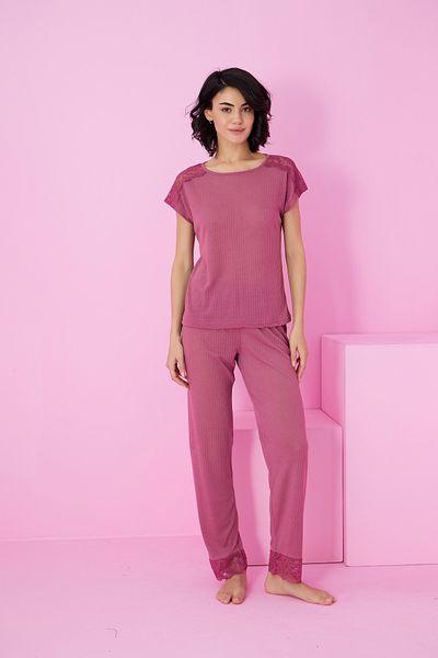 Siyah İnci Cherry Soft Touch Thin Seasonal Lace Detailed Knitted Pajama Set7864