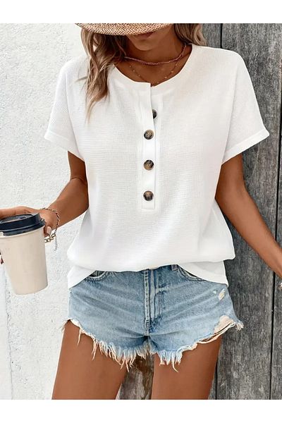 Kokosh moda Γυναικεία μπλούζα βάφλα με κοντό μανίκι με ανοιχτό γιακά μπροστά