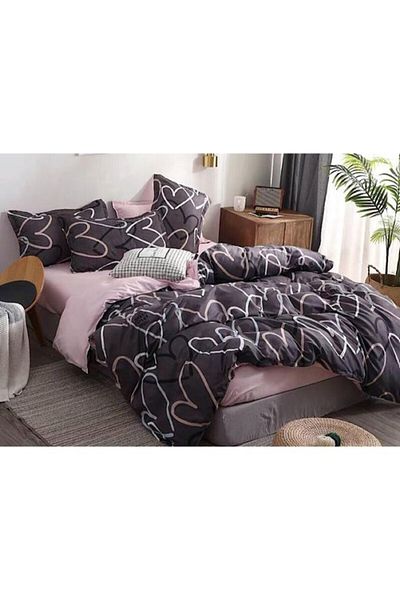 COOYA 6-Piece Duvet Cover Set, Double Size Heart Design, Cotton, Dark Grey/Pink