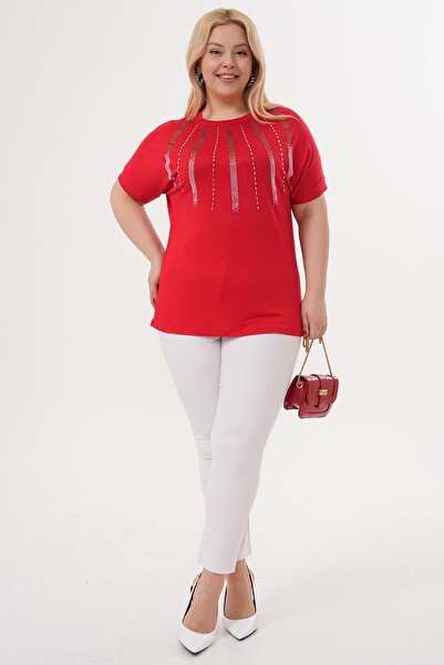 Siyezen Plus Size Blouse with Crystal Stone Detail on the Collar