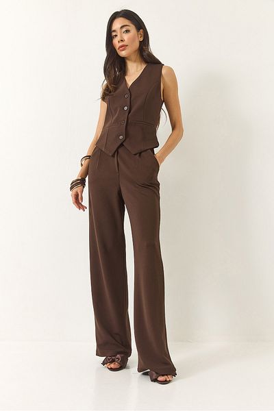 Bianco Lucci Women's High Waist Relaxed Palazzo Pants with Vest Knitted Bottom-Top Suit 9315 60281022