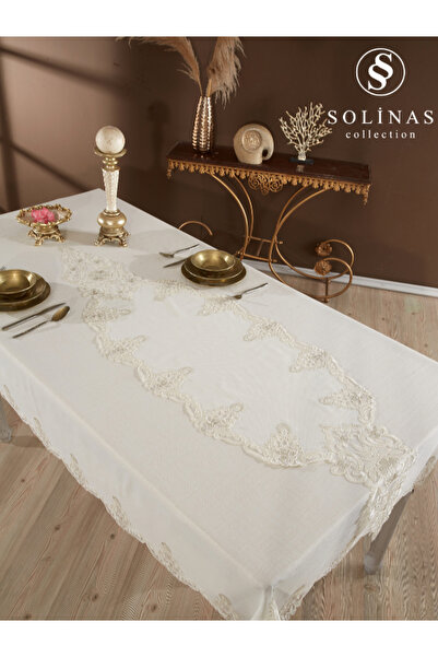 Solinas Collection Roma Linen Kumaş Krem – Taş Nakışlı Masa Örtüsü ve Runner