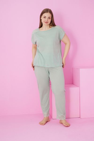 Siyah İnci Green Soft Touch Thin Seasonal Oversize Large Size Lace Detailed Knitted Pajama Suit7867