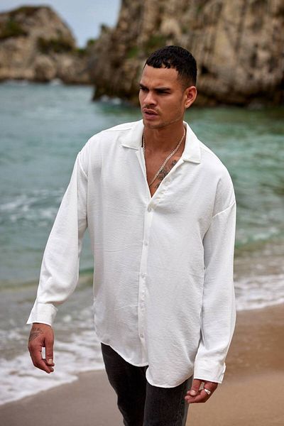 outer moda Men's White Oversize Textured Aerobin Linen Shirt