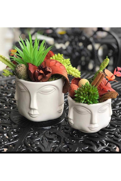 pelikan sanat 2 Li Havelka Buddha Suratlı Beyaz Boyalı Dekoratif Saksı Vazo Set