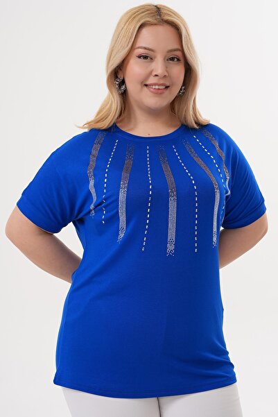 Siyezen Plus Size Blouse with Crystal Stone Detail on the Collar