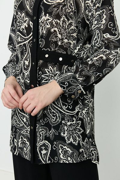 Nihan Belt Detailed Patterned Tunic Black