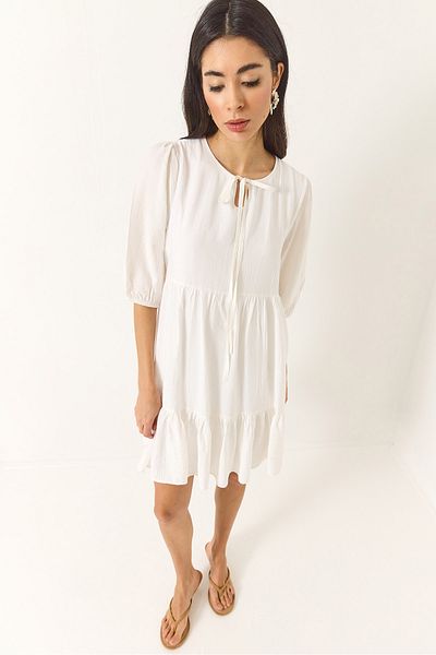 Bianco Lucci Women's Elastic Sleeve Collar Tie Lined Short Dress 5500 60281034