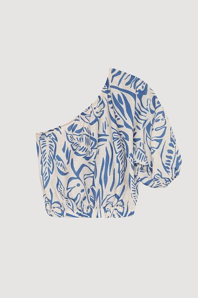 Quzu Bluză crop cu un singur umăr cu model tropical albastru