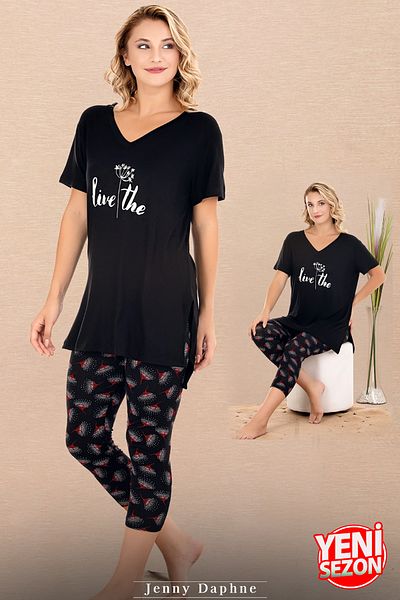 Jenny Daphne Țesătură din viscoză cu imprimeu floral capris decolteu în V cu mânecă scurtă set de pijamale capri relaxate 12081