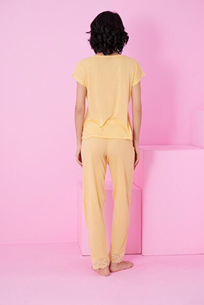 Siyah İnci κίτρινο Soft Touch Λεπτή Εποχιακή Δαντέλα Λεπτομερής Πλεκτή Πιτζάμες7864