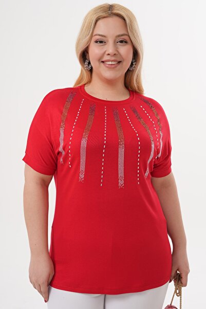 Siyezen Plus Size Blouse with Crystal Stone Detail on the Collar