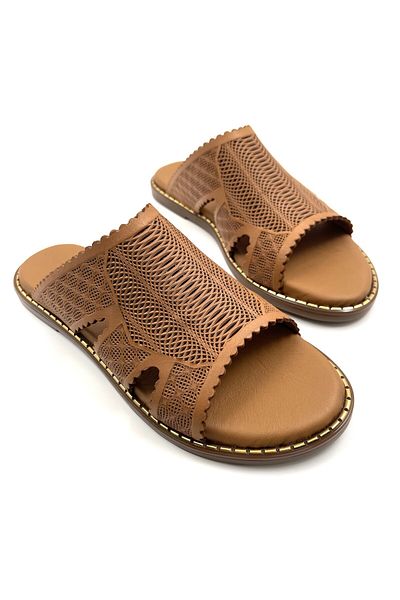 Lizizu Tan Genuine Leather Perforated Printed Heelless Flat Sole Women's Slippers