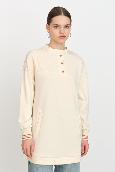 Nihan Rib Detailed Fabric Garnished Sweat Cream
