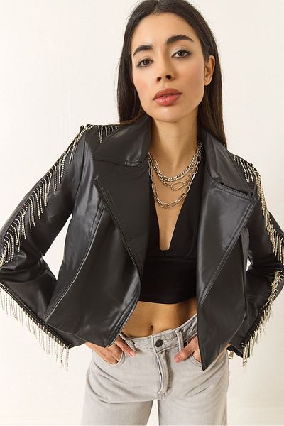 Bianco Lucci Women's Sleeves Tassel Stone Lined Faux Leather Jacket 20113 60283199