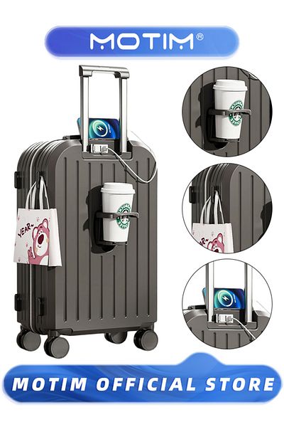 MOTIM Travel Luggage Carry On Suitcase with USB Port & Cup Holder & Phone Holder 26 inch