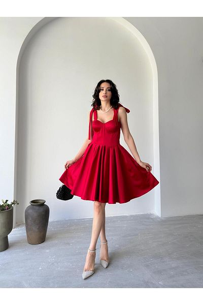 Serica Moda Red Bustier Detailed Strappy Satin Evening Dress