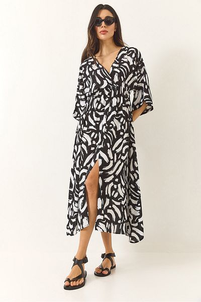 Bianco Lucci Women's Wrap Collar Elastic Waist Patterned Summer Viscose Dress 60283225