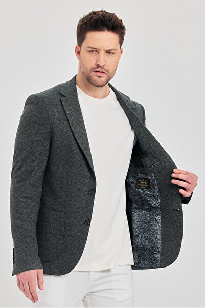 Frappoli Savue Erkek Siyah Pamuk Karışımlı Esneyen Kumaş Torba Cepli Slim Fit Blazer Ceket