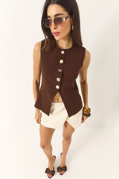Bianco Lucci Women's Regular Bisilet Collar Gold Button Detailed Lined Woven Vest 9005 60283150