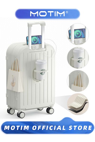 MOTIM Travel Luggage Carry On Suitcase with USB Port & Cup Holder & Phone Holder 20 inch