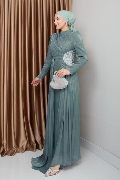 Olcay Večerní šaty z kamene a hedvábí se stahovací šňůrkou, zelená verze 1233