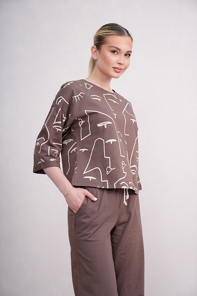 PONÇİK Women's Cotton Combed Cotton Trouser Suit Summer with Pocket Half Sleeve 23066 Brown