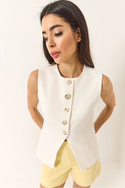 Bianco Lucci Women's Regular Bisilet Collar Gold Button Detailed Lined Woven Vest 9005 60283150