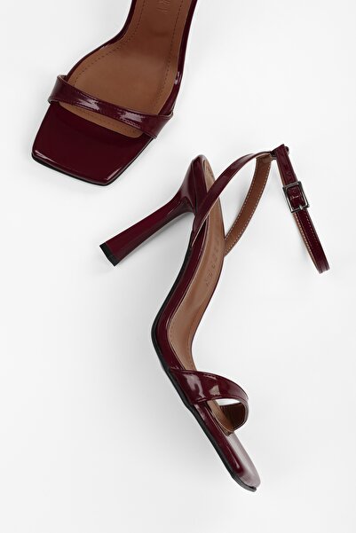 Shoeberry Women's Zerra Burgundy Patent Leather Single Strap Heeled Shoes