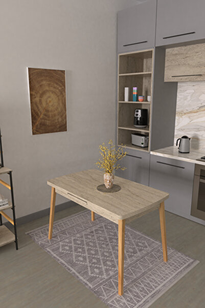 VİLİNZE Avanos Ahşap Açılır Kapanır Mdf Traverten Mutfak Masası - 70x120+30 cm