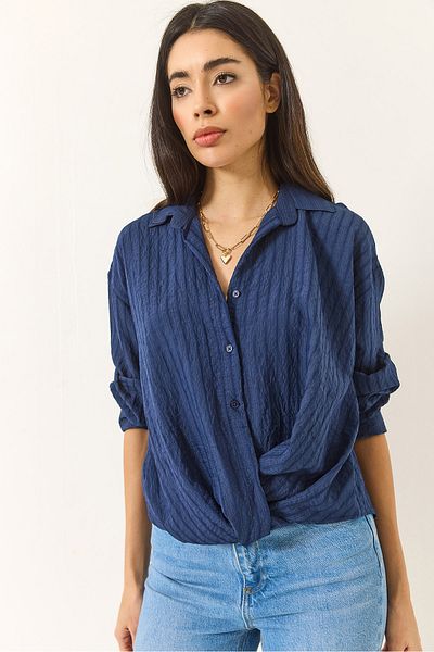 Bianco Lucci Women's Gather Detailed Jacquard Stripe Detailed V-Neck Casual Shirt 60283202
