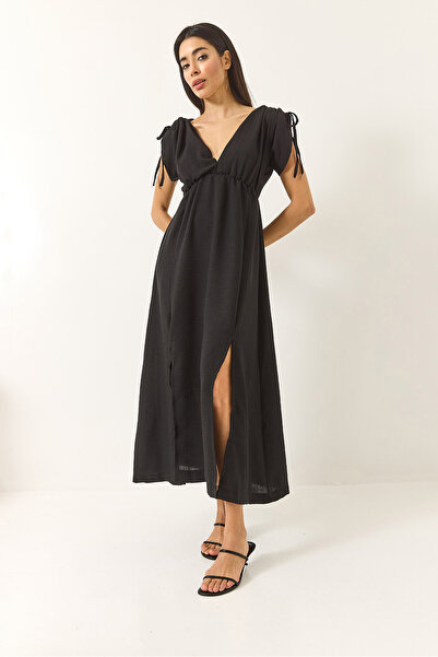 Bianco Lucci Γυναικείο φόρεμα με λαιμόκοψη V με ελαστική μέση με σκίσιμο κορδόνι με λεπτομέρεια λινό φόρεμα 437 60283175