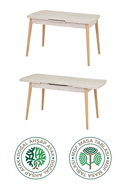 VİLİNZE Avanos Ahşap Açılır Kapanır Mdf Traverten Mutfak Masası - 70x120+30 cm