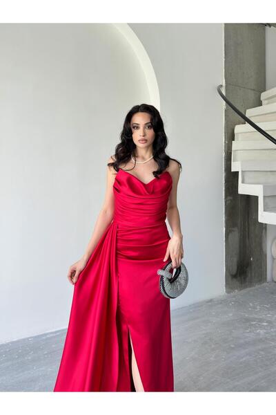 Serica Moda Kırmızı Straplez Drapeli Saten Abiye Elbise