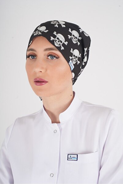 Nur Medikal Giyim Siyah Kuru Kafa Desenli Tesettür Doktor Hemşire Hastane Aşç...