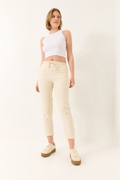 Bianco Lucci Women's Tie Waist Leg Detailed Pocket Linen Carrot Pants Yp5134 60283180