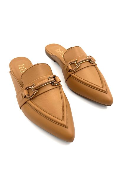 Lizizu Genuine Leather Tan Pointed Toe Buckle Women's Slippers