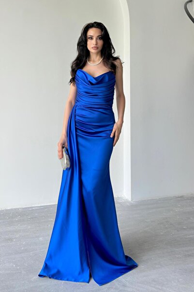 Serica Moda Βραδινό φόρεμα Saks Μπλε Στράπλες Σατέν