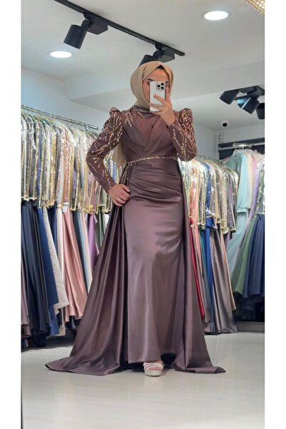 perfectmegastore New Elegans Saten Taş Detaylı Abiye Elbise-2363
