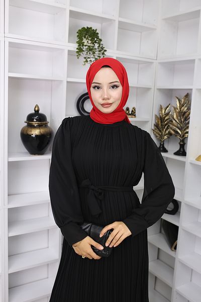 CYM Butik Black Pleated Chiffon Hijab Dress